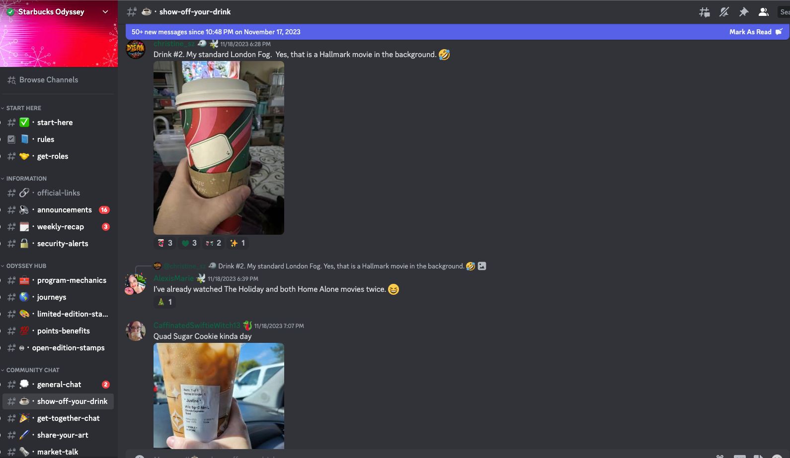 Starbucks Odyssey Discord community — branded cups and community engagement